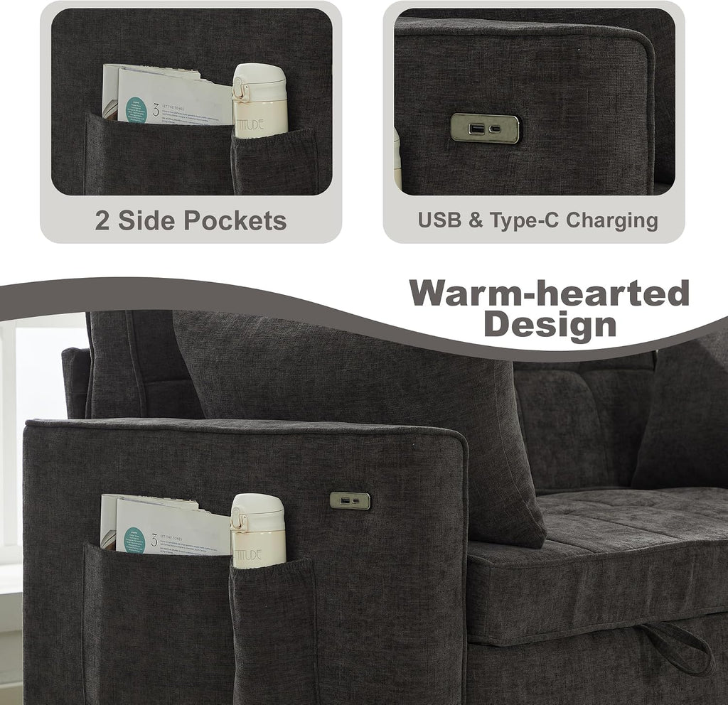 Tbfit 57' Convertible Sofa Bed, Chenille Futon Sleeper Sofa Couch with Pullout Bed, USB & Adjustable Backrest, Full Size Pull Out Loveseat Couches for Living Room, Apartment, Office, Dorm, Dark Grey