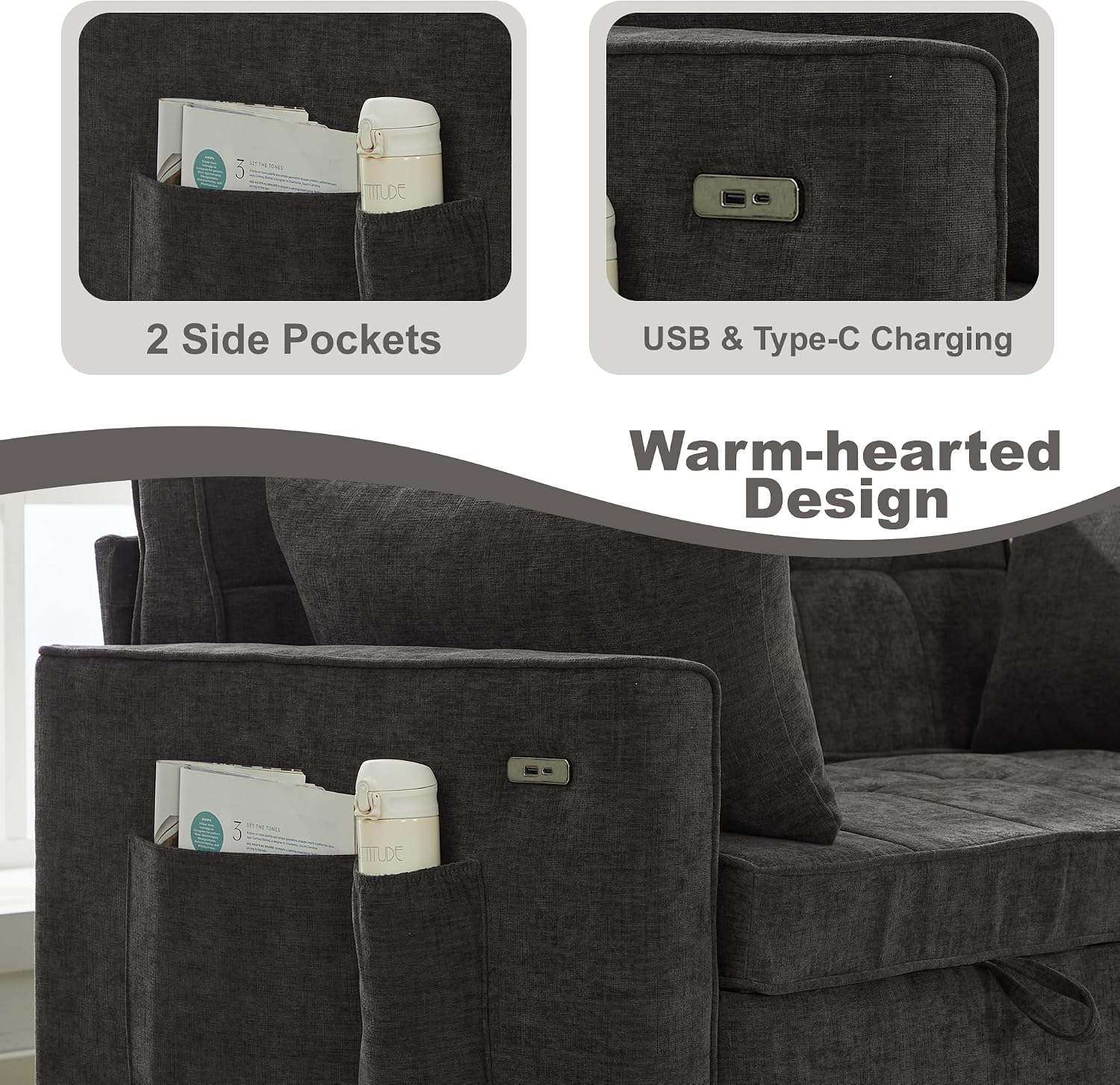 Tbfit 57' Convertible Sofa Bed, Chenille Futon Sleeper Sofa Couch with Pullout Bed, USB & Adjustable Backrest, Full Size Pull Out Loveseat Couches for Living Room, Apartment, Office, Dorm, Dark Grey