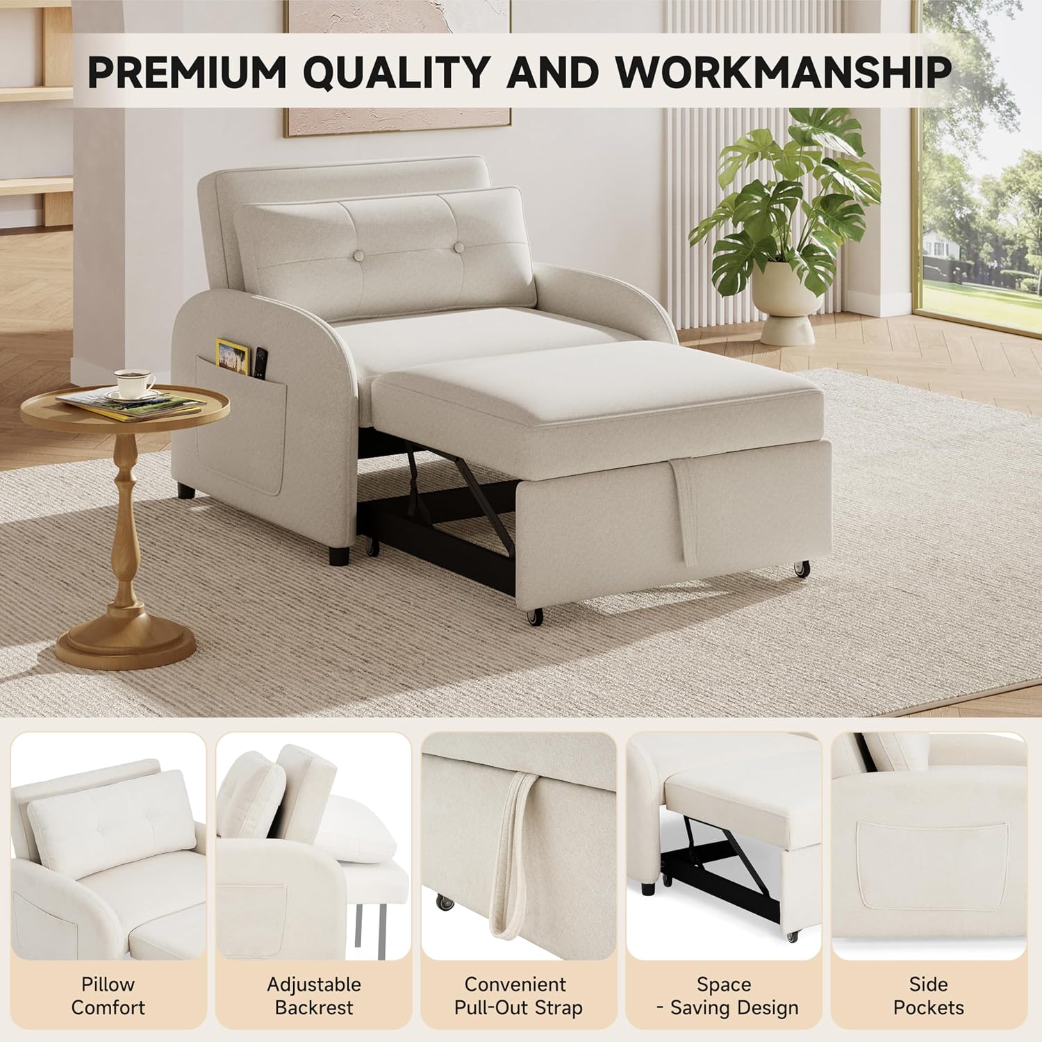 Merax 3-in-1 Convertible Sleeper Sofa Bed, Loveseat to Bed with Pullout Design, Soft Cotton Linen Fabric, Includes Pillow & Side Pockets for Small Spaces, Apartment, Living Room, Beige