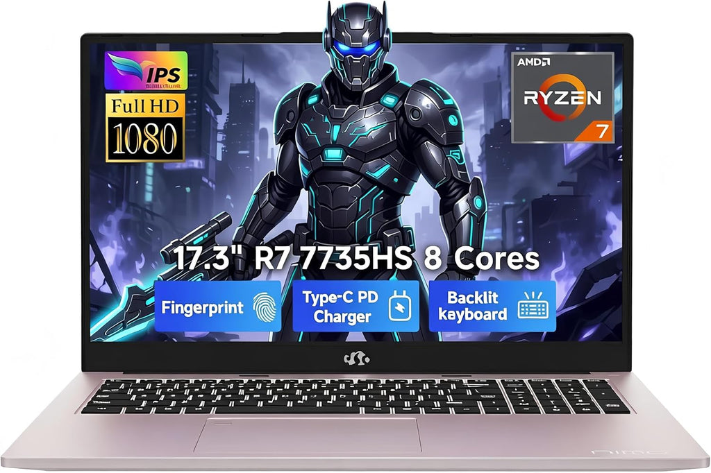 NIMO 17.3' FHD Gaming Laptop – AMD Ryzen 7 7735HS 8-Core/16-Thread, Radeon 680M Graphics, 32GB DDR5, 1TB NVMe SSD, Light Gaming & Esports Ready, Backlit Keyboard, Fingerprint Unlock, 100W PD Type-C