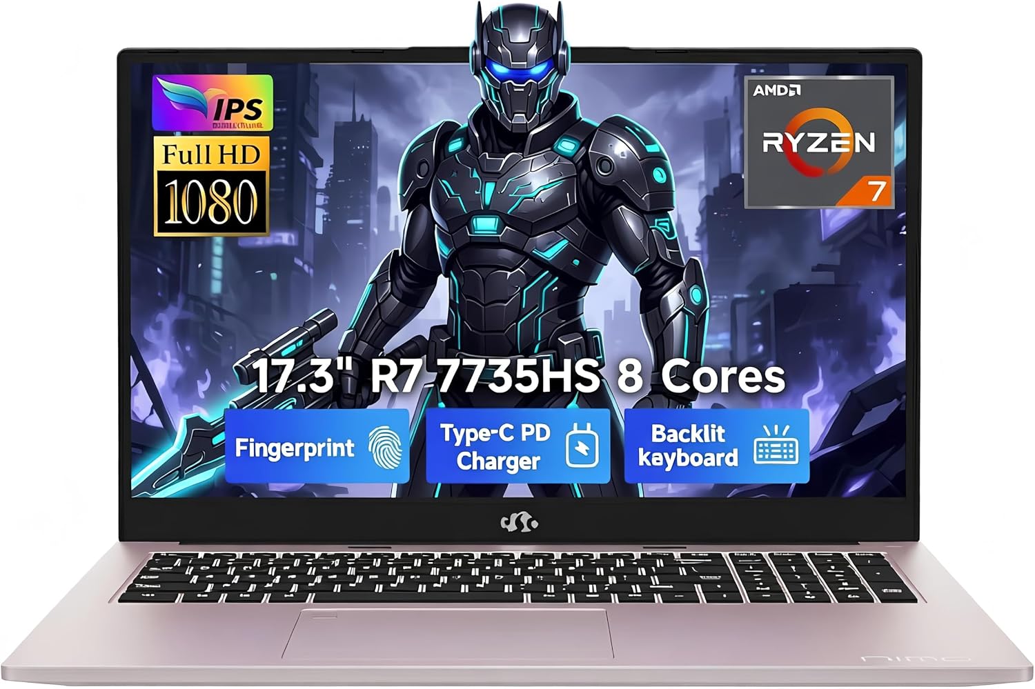 NIMO 17.3' FHD Gaming Laptop – AMD Ryzen 7 7735HS 8-Core/16-Thread, Radeon 680M Graphics, 32GB DDR5, 1TB NVMe SSD, Light Gaming & Esports Ready, Backlit Keyboard, Fingerprint Unlock, 100W PD Type-C