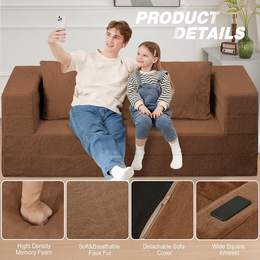 Folding Bean Bag Chair for Adults,3-in-1 Bean Bag Couch Faux Fur Floor Sofa Large Beanbag Convertible Bean Bag Sofa Bed with Pillow in Bedroom,Living Room,Apartment(Queen,Caramel)