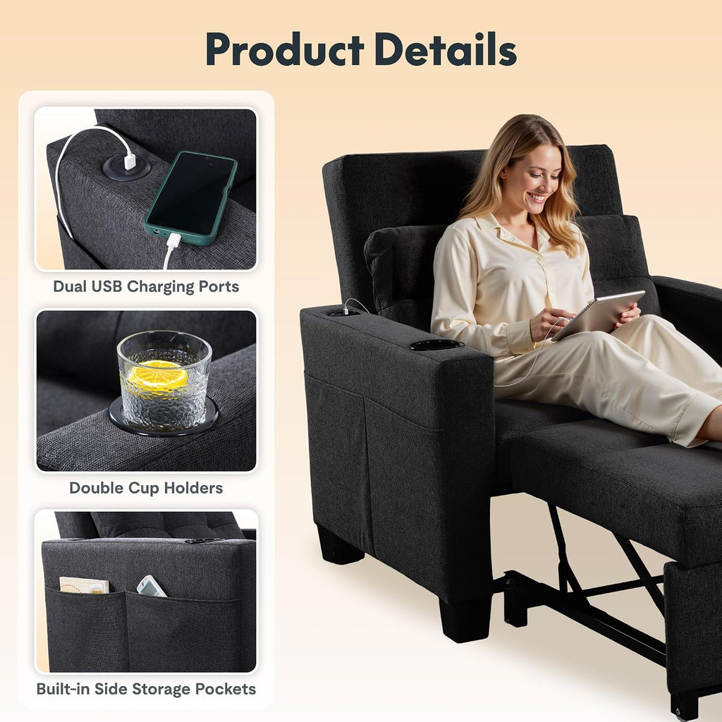 FLEXISPOT XCT2 Sleeper Chair Bed with USB Ports & Cup Holders, 3-in-1 Convertible Sofa Bed for Living Room, Pull-Out Sofa Chair with Pillows, Adjustable Backrest, Small Space Furniture (Black)