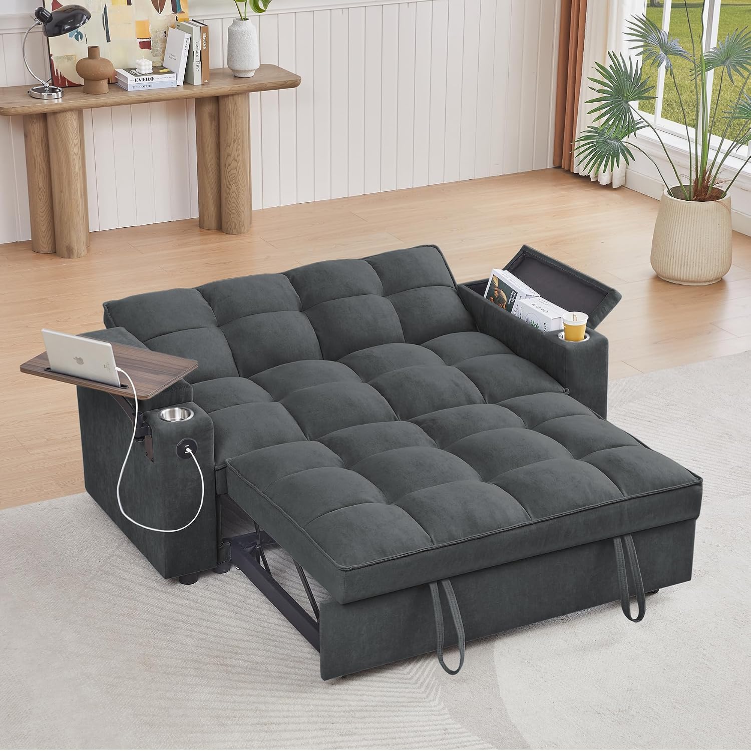 Auvsoce 65'' Convertible Sleeper Sofa Bed with Adjustable Backrest, Chaise Lounge, Side Table & USB/Type-C Ports – Stylish & Functional Addition to Any Living Room (Drak Grey)