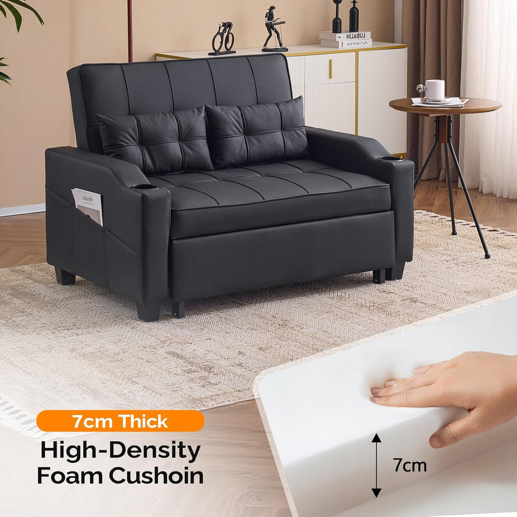 VINGLI Convertible Loveseat Sleeper Sofa, Black Faux Leather Futon Sofa Bed Pullout Couch Bed with USB Ports, Cup Holders, Armrest for Living Room, Bedroom, Home Office Apartment