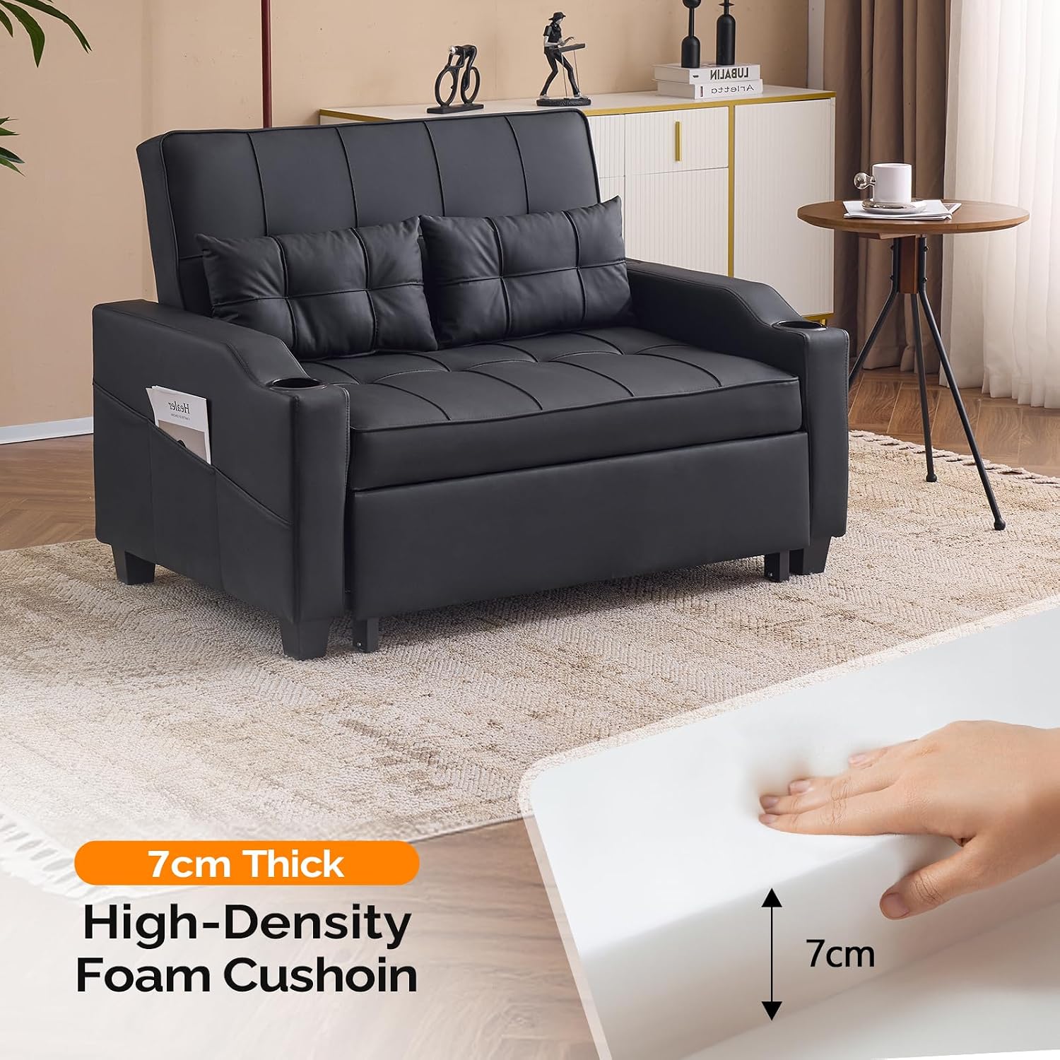 VINGLI Convertible Loveseat Sleeper Sofa, Black Faux Leather Futon Sofa Bed Pullout Couch Bed with USB Ports, Cup Holders, Armrest for Living Room, Bedroom, Home Office Apartment