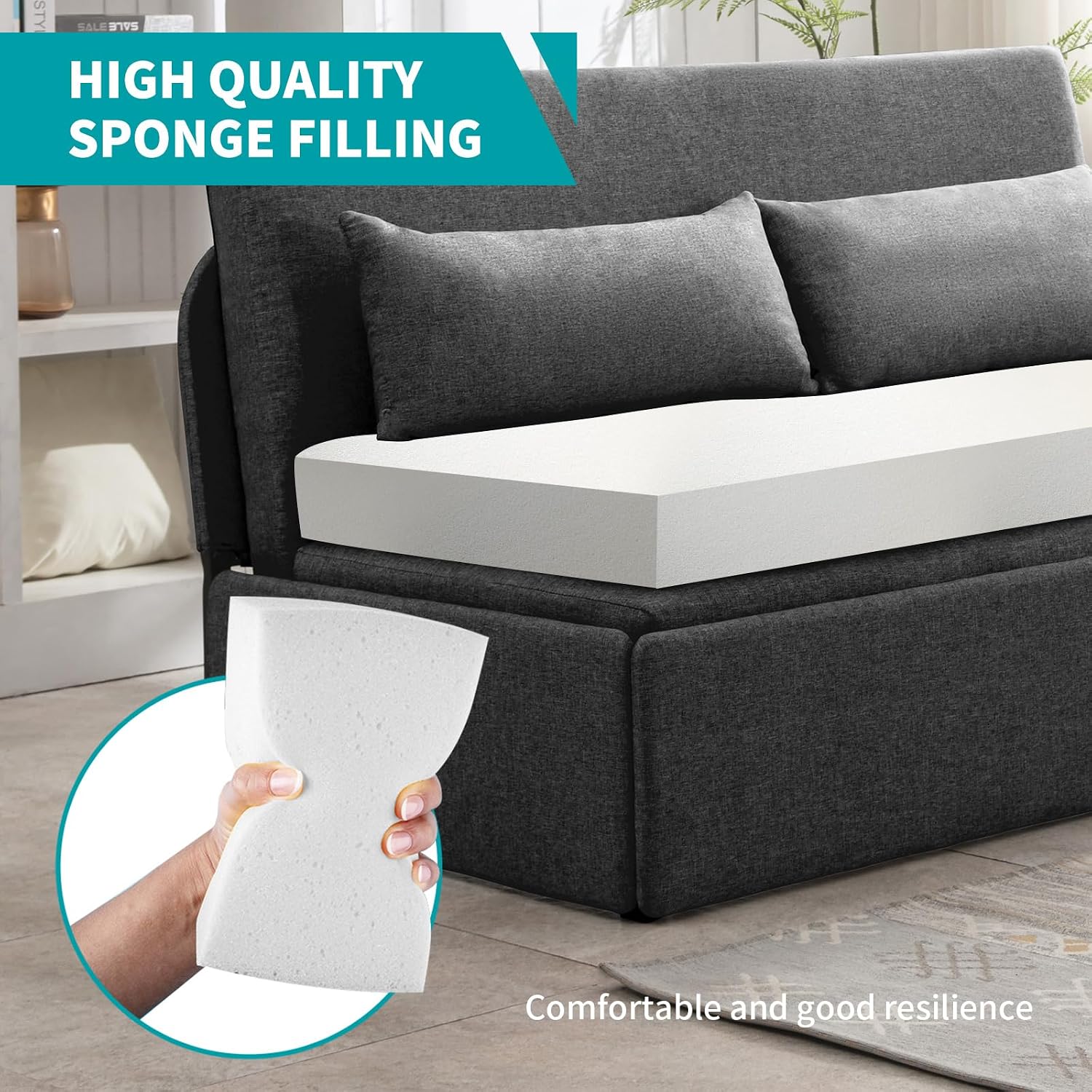 BALUS 61' Queen Sofa Bed Couch Convertible Sleeper with Pullout Beds, Folding Sofabed Guest Bed with 2 Pillows, Tri-fold Mattress Sofas Armless Loveseat for Living Room Apartment Loft - Dark Gray