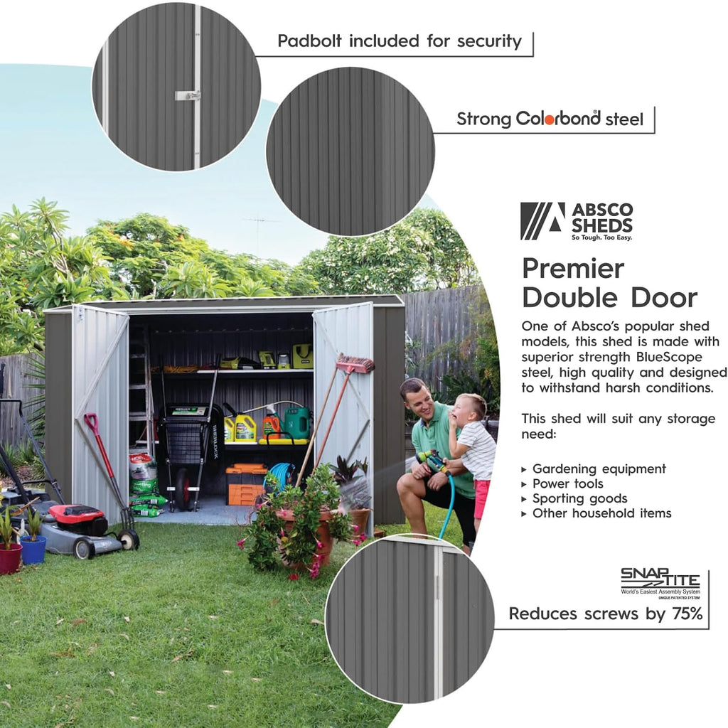 Absco Premier Storage Sheds, 10'x7' Metal Garage, DIY Backyard Shed, Utility Tool Storage, Weather & Wind Resistant Aluminum Panels & Steel Frame, Maintenance-Free, 12 Year Warranty, Woodland Gray