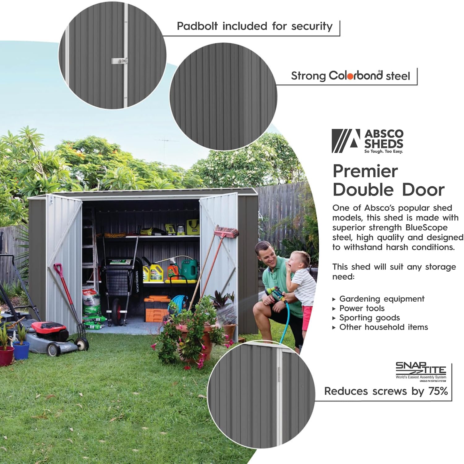 Absco Premier Storage Sheds, 10'x7' Metal Garage, DIY Backyard Shed, Utility Tool Storage, Weather & Wind Resistant Aluminum Panels & Steel Frame, Maintenance-Free, 12 Year Warranty, Woodland Gray