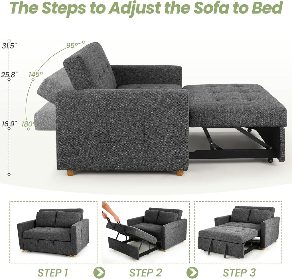 SEJOV Sleeper Sofa, 3-in-1 Convertible Pull Out Couch Bed Futon Sofa, Linen Fabric Loveseat with 2 Pillows and Adjustable Backrest, Chaise Lounge for Small Spaces Apartment Dorm, Office, Black