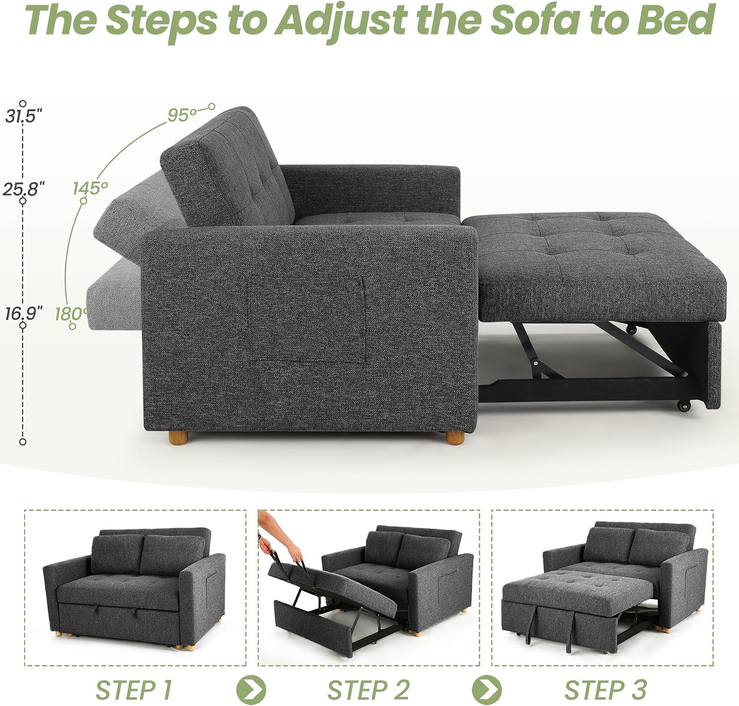 SEJOV Sleeper Sofa, 3-in-1 Convertible Pull Out Couch Bed Futon Sofa, Linen Fabric Loveseat with 2 Pillows and Adjustable Backrest, Chaise Lounge for Small Spaces Apartment Dorm, Office, Black