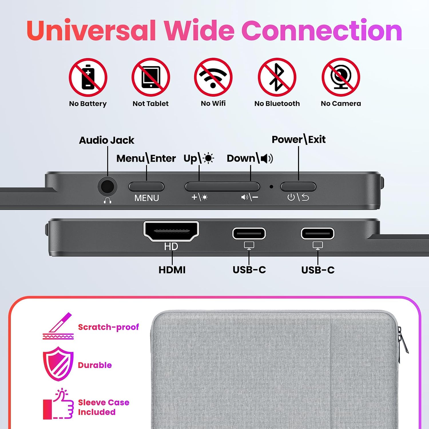 Upperizon Portable Monitor 15.6 inch FHD 90% sRGB 60Hz HDR HDMI USB-C Travel Monitor for Laptop MacBook PC Surface PS5 Xbox, External Display with Kickstand & Speakers, VESA Compatible