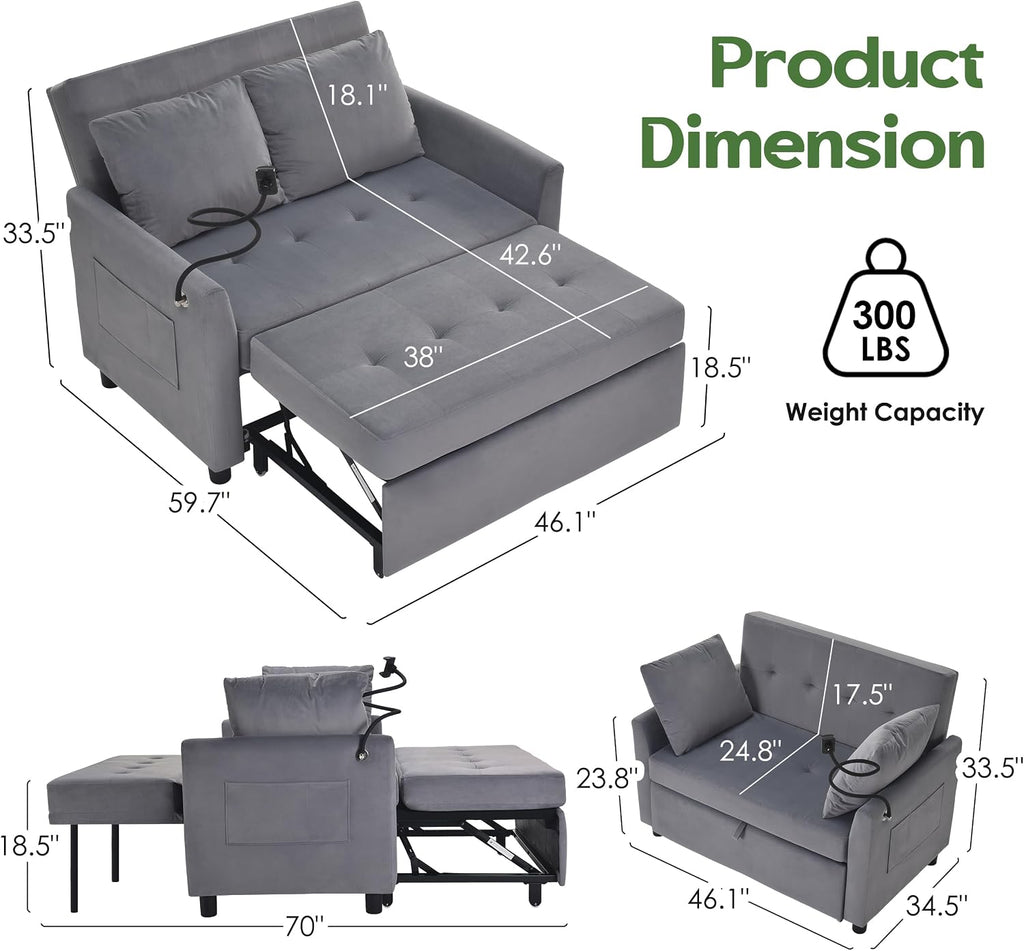 Sleeper Sofa Bed, 3 in 1 Convertible Sleeper Couch Bed Pull Out, Small Loveseat Sofa, Futon Sofa Bed, 46' Velvet Love Seat with Pillow and Phone Holder for Living Room, Grey