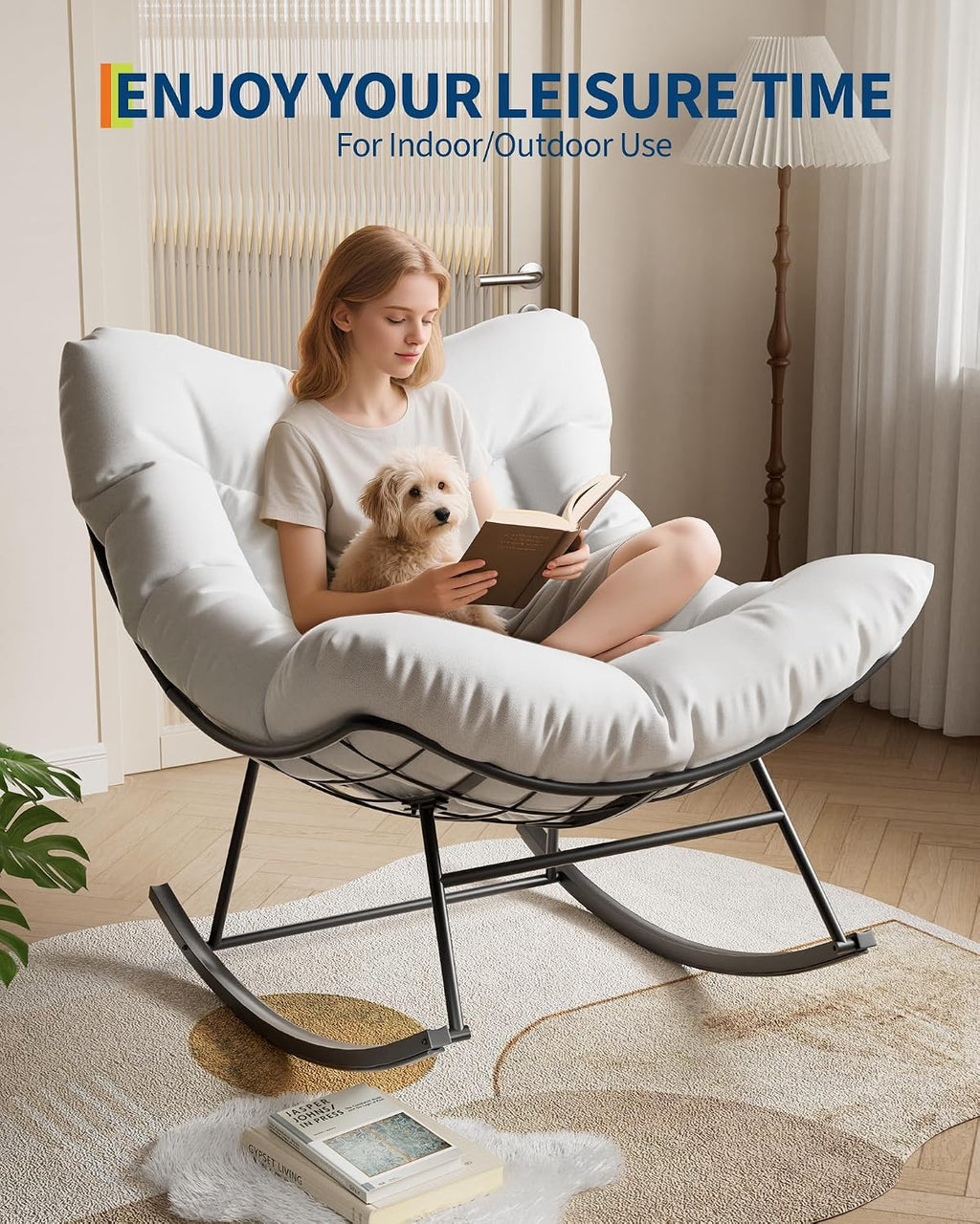 Patio Rocking Chair Indoor and Outdoor, Metal Lounge Rocker with Thick 6'' Cushion,350 Lbs Capacity,White Cushion