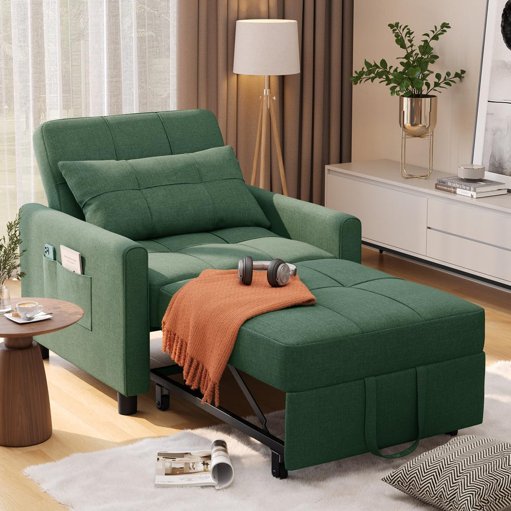 Aiho Convertible Sleeper Chair with Pillow & Pocket, 3-in-1 Sofa Bed in Modern Linen Fabric for Apartment, Green