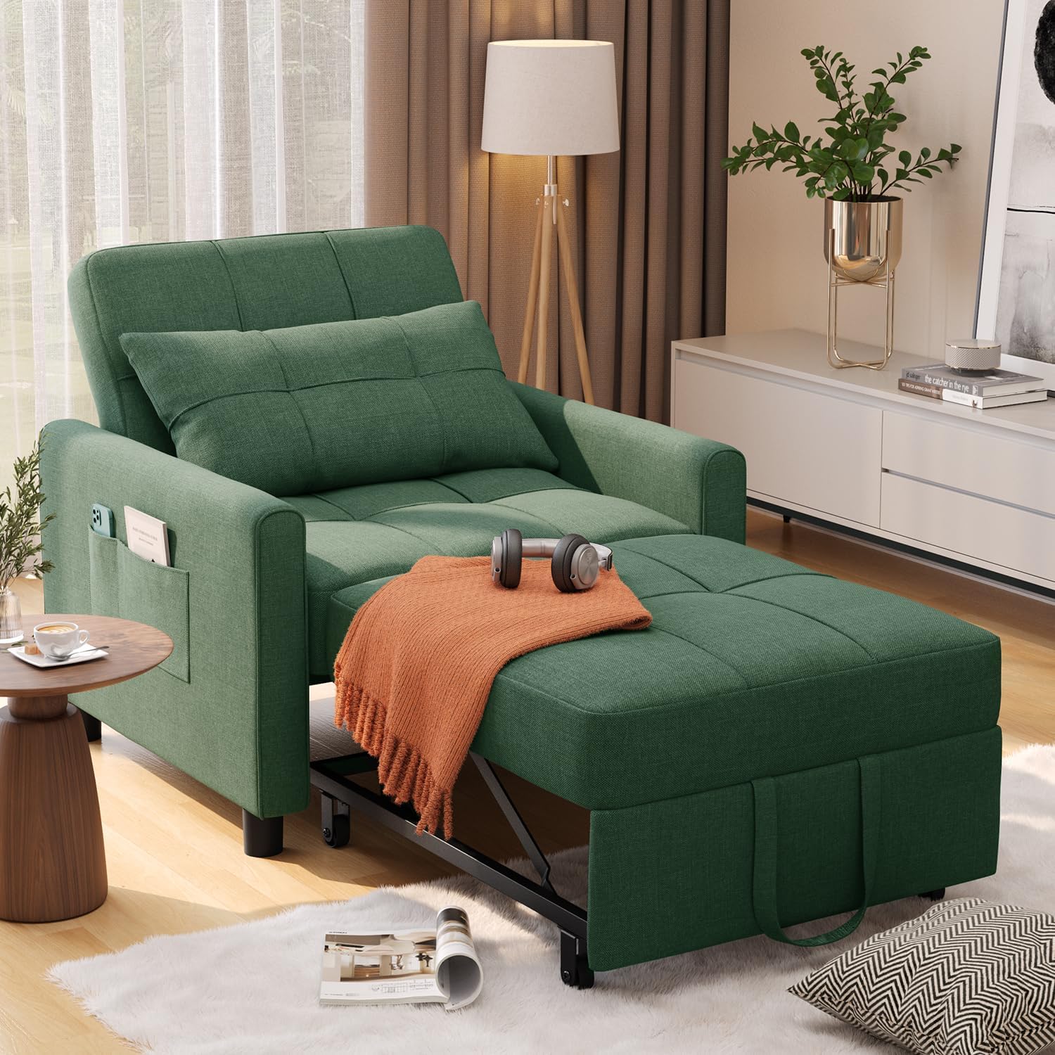 Aiho Convertible Sleeper Chair with Pillow & Pocket, 3-in-1 Sofa Bed in Modern Linen Fabric for Apartment, Green
