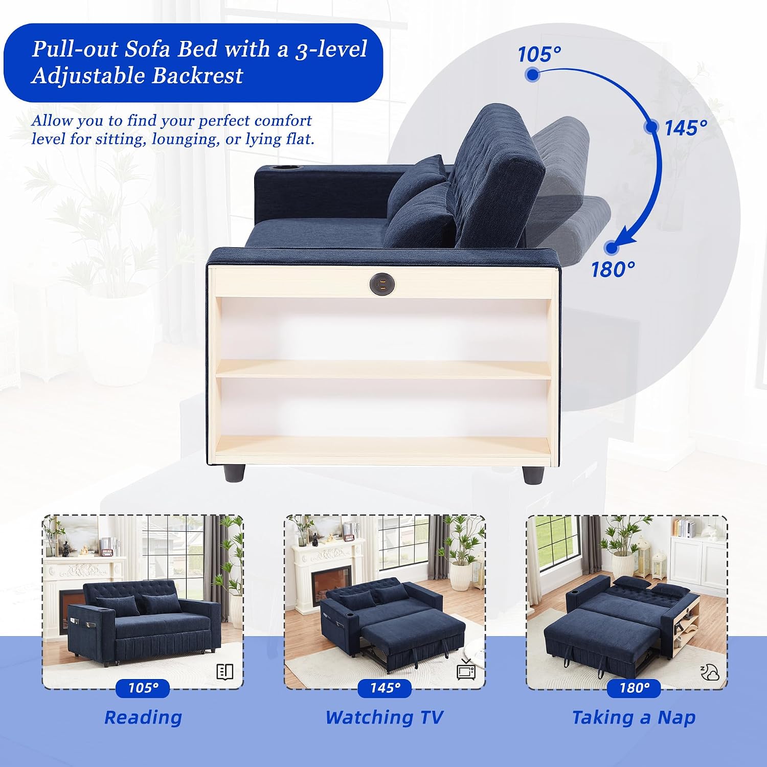 Merax 3 in 1 Convertible Sleeper Sofa Bed with Storage, Futon Couches for Living Room with USB Ports | CupHolder| Reversible Backrest | Pull Out Couch |Small Loveseat,Blue