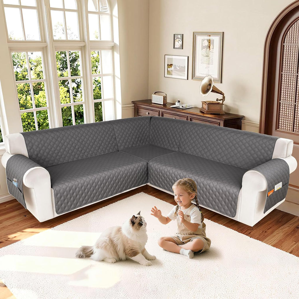 HDCAXKJ Waterproof Sectional Couch Cover L Shaped Sofa Covers Washable Corner Sectional Slipcovers Dog Pet Proof U Shape Furniture Protector with Upgraded Anti Slip Strips (XX-Large, Dark Grey)