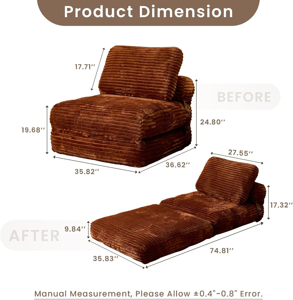 ovios Folding Sofa Bed, Foldable Sleeper Chair Floor Futon, Comfy Portable Convertible Fold Out Lounge Chairs for Living Room Bedroom, Brown