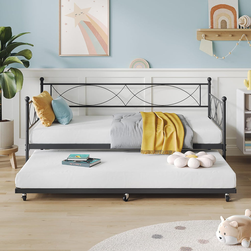 IDEALHOUSE Twin daybed with Trundle, Metal Twin Daybed and Trundle Set, Day Bed Sofa Bed Frame with Steel Slat Support, Multifunctional Daybed Frame for Bedroom (Modern - Black)