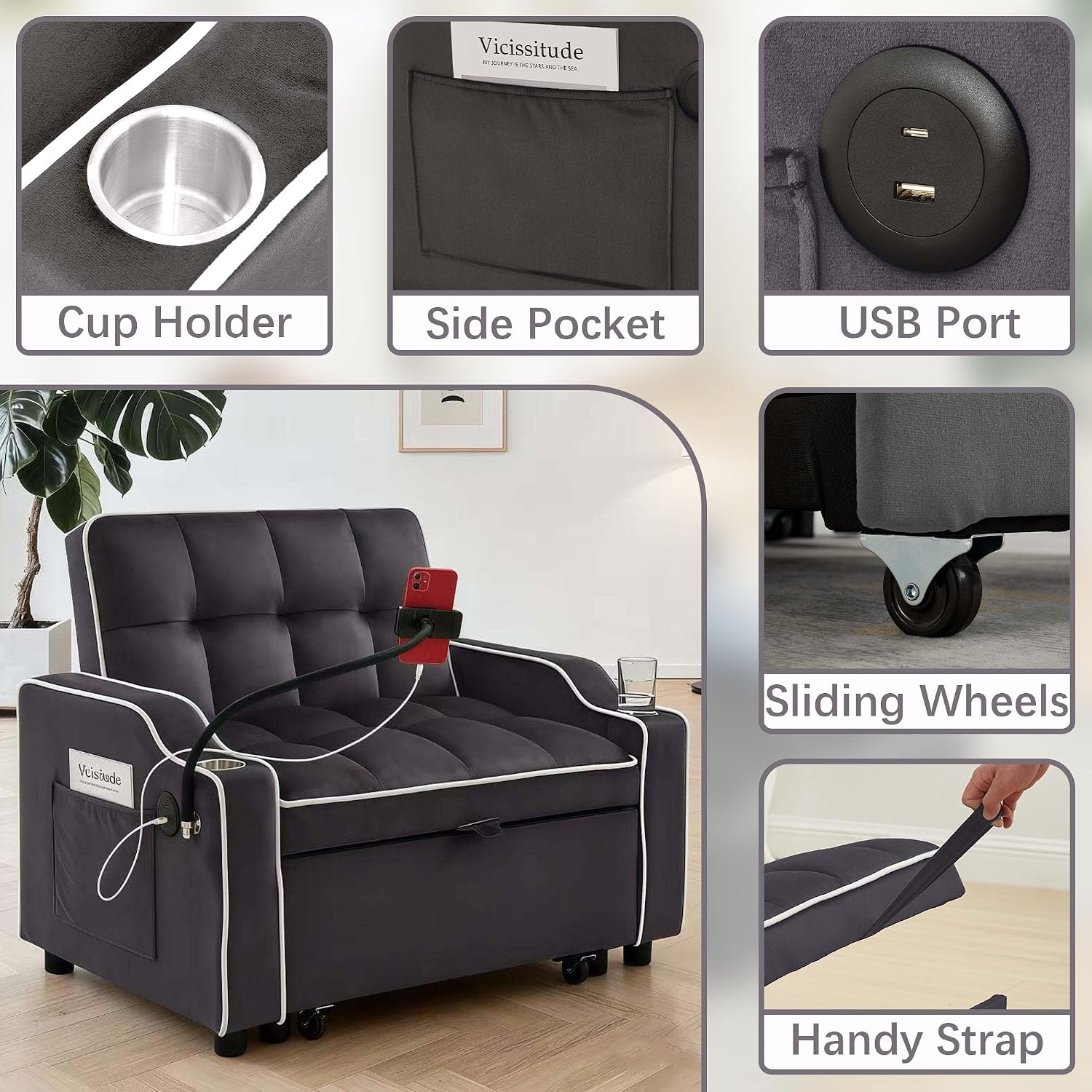 Convertible Armchair Sofa Bed with USB Port & Phone Holder, Pull-Out Single Chair Bed Sleeper for Small Spaces, Modern Upholstered Recliner Chair (Grey)