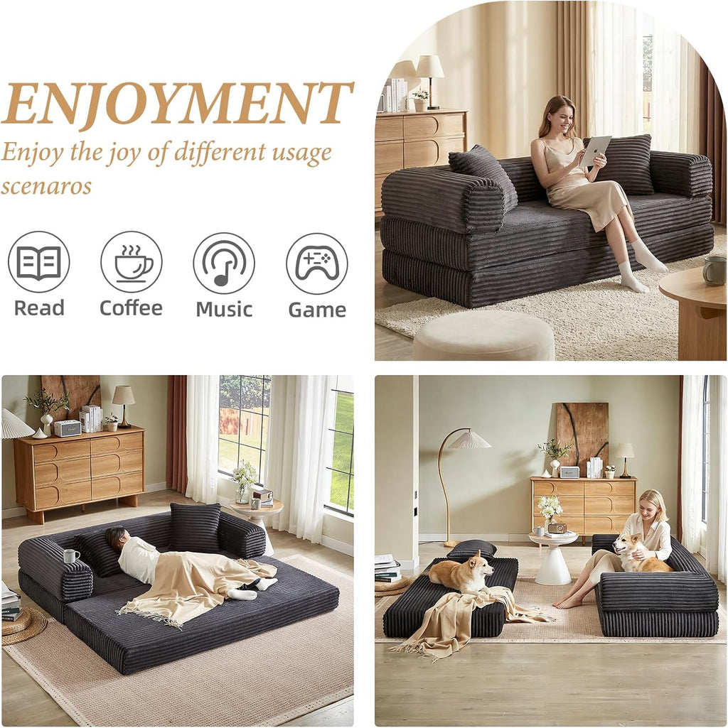 78 Inch Convertible Futon Sofa Bed,Folding Boneless Couches with Sleeper Sofa,Fold Out Floor Sofa Couch with Deep Seat,Cloud Corduroy Foldable Mattress Couch for Living Room (Dark Grey)