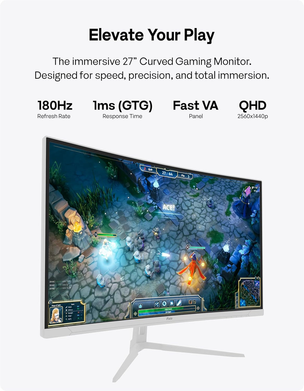 Pixio Two PXC278WAVE White 27 inch 180Hz Refresh Rate QHD 1440p Resolution 1650R Curve Fast VA Panel 1ms GTG Response Time HDR Curved Gaming Monitor and PS1D Wave White Dual Monitor Arm