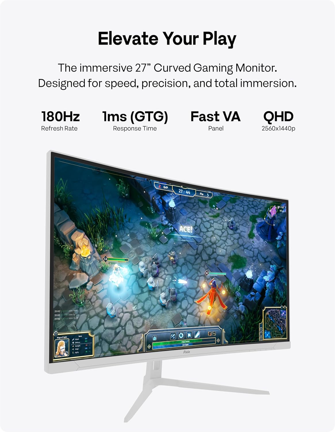 Pixio Two PXC278WAVE White 27 inch 180Hz Refresh Rate QHD 1440p Resolution 1650R Curve Fast VA Panel 1ms GTG Response Time HDR Curved Gaming Monitor and PS1D Wave White Dual Monitor Arm