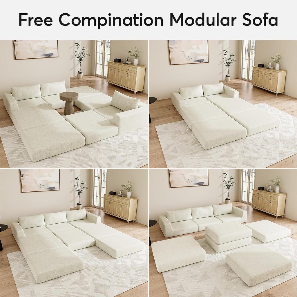 Chenille Modular Floor Sofa Bed, L Shaped Convertible Sleeper Couch with Memory Foam Cushions, Low Profile Sectional Sofa for Living Room, Apartment, Guest Room,Beige