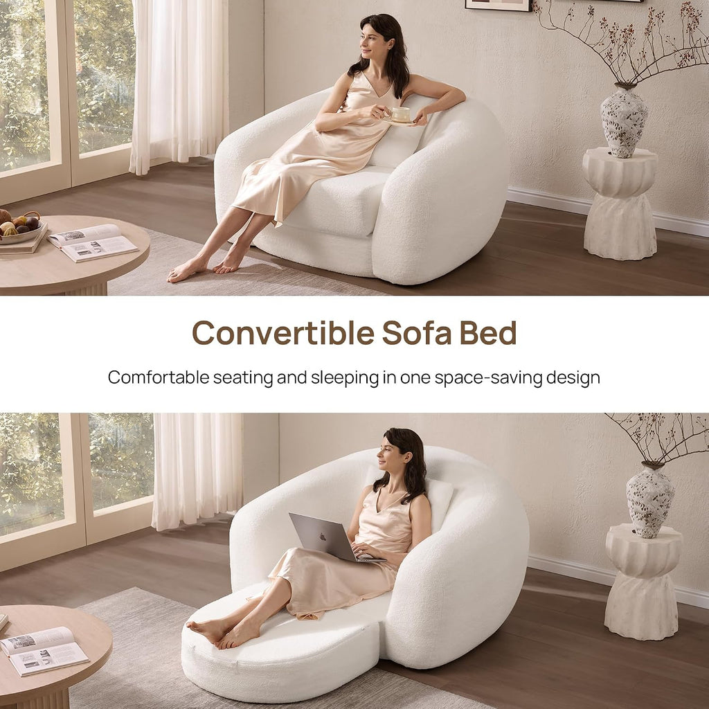 SICOTAS Curved Sofa Couch Bed for Living Room Convertible Futon Cloud Boneless Sleeper Chair Pull Out Floor Couch with Deep Seat Sofa Set Foam No Assembly Required for Bedroom Apartment Office, White