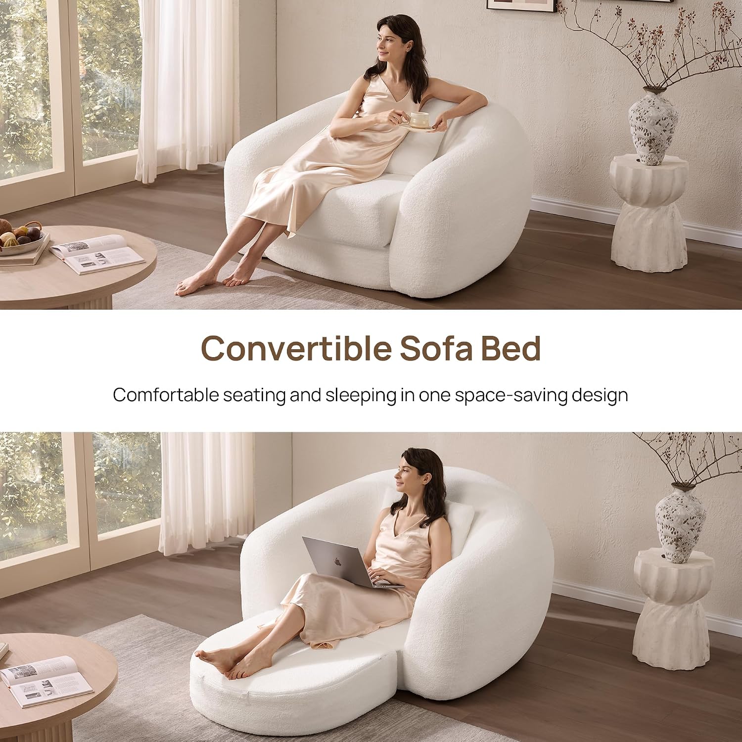 SICOTAS Curved Sofa Couch Bed for Living Room Convertible Futon Cloud Boneless Sleeper Chair Pull Out Floor Couch with Deep Seat Sofa Set Foam No Assembly Required for Bedroom Apartment Office, White