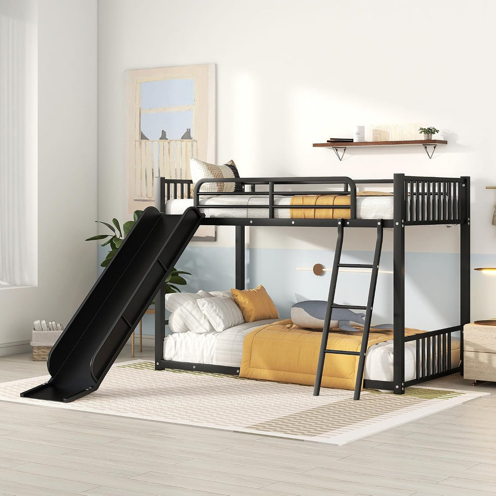Harper & Bright Designs Twin Size Kids Low Bunk Bed with Slide and Ladder, Twin Metal Floor Bunk Bed Frame for Kids Teens, No Box Spring Needed (Black)