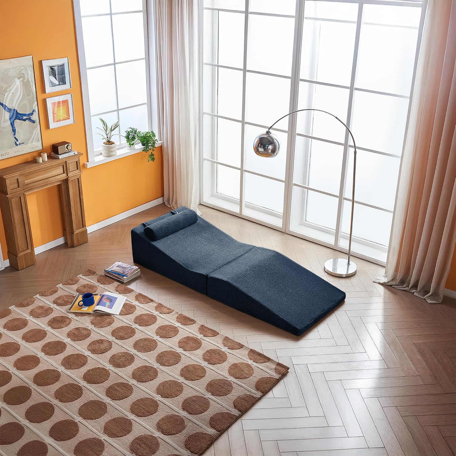 GDFStudio Rue Velvet Foldable Sofa Bed, Convertible Sleeper Chair with Pillow, Foldable Mattress with Back Support, Portable Lounge Sofa for Living Room/Bedroom, No Assembly Needed, Midnight Blue