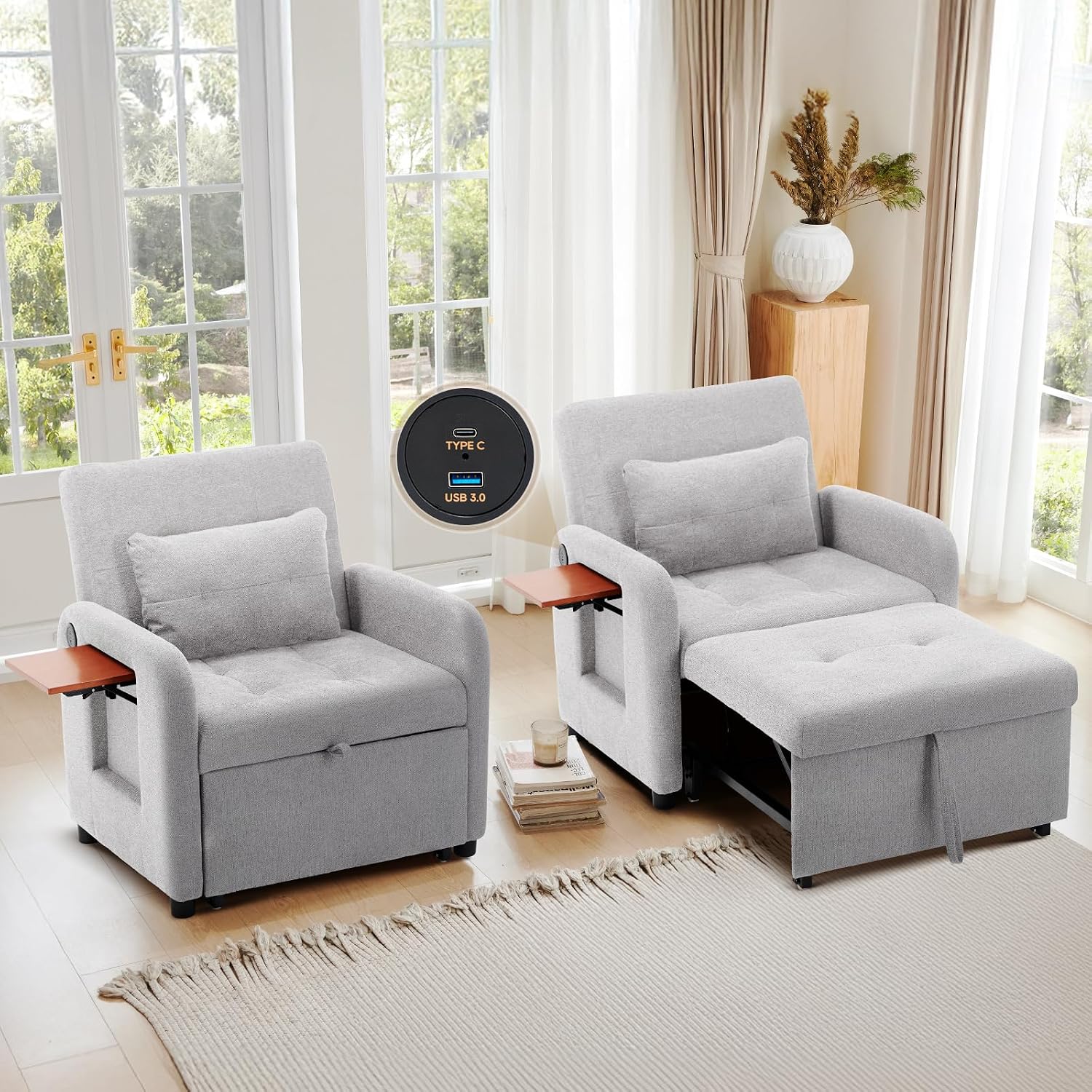 COLAMY Convertible Sleeper Chair-Fabric Futon Sofa Bed, Single Sleeper Sofa, Small Couch Bed with USB Port, Foldable Table, Pillow, Adjustable Backrest for Dorm/Bedroom/College Lightgrey