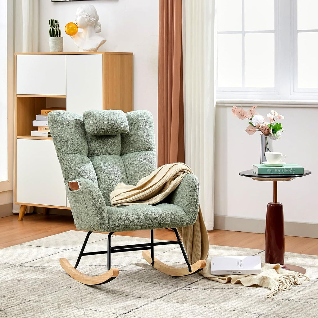 300lb Capacity Nursery Glider Rocker,Teddy Upholstered with Wood Legs for Living Room,Bedroom Nursery Includes Side Pockets