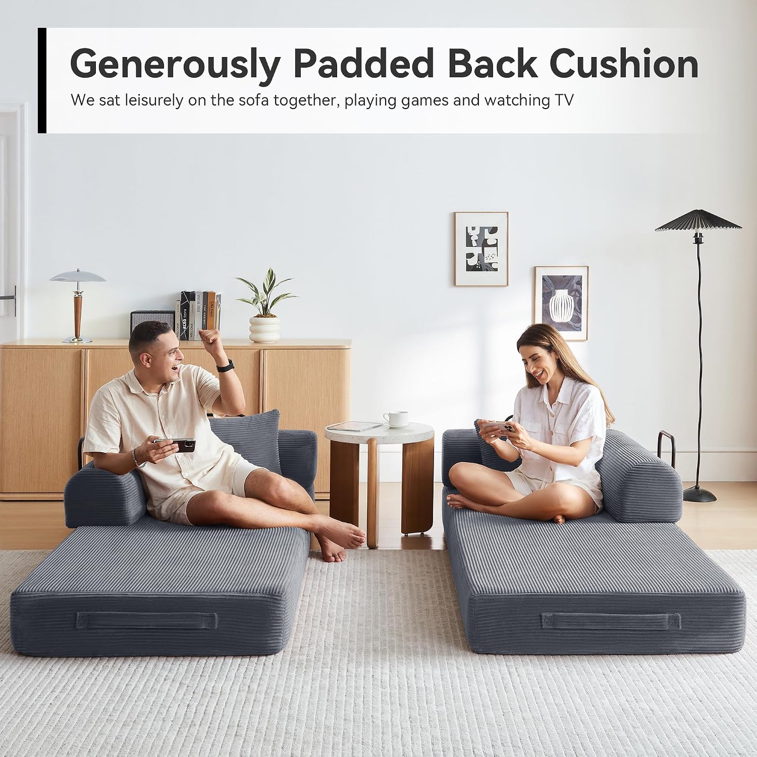 Sofa Bed, Corduroy Sleeper Sofa Bed with Fixed Frame, Floor Sofa Lounge with Pillow, Convertible Folding Mattress Couch for Living Room, Bedroom, Lounge, Studio (Dark Gray)