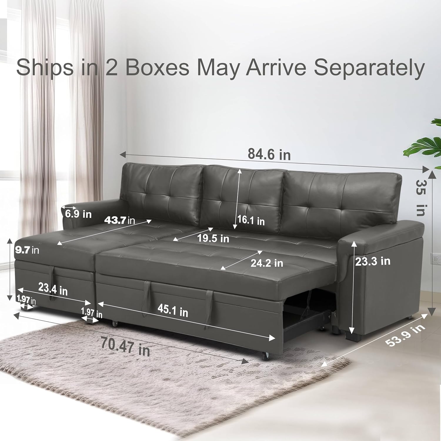 Naomi Home L Shaped Sectional Couch with Storage & Pull Out Bed – 3-in-1 Convertible Sleeper Sofa Bed, Small L Shape Sofa for Living Room, Sofa Bed with Storage Chaise in Gray, Air Leather