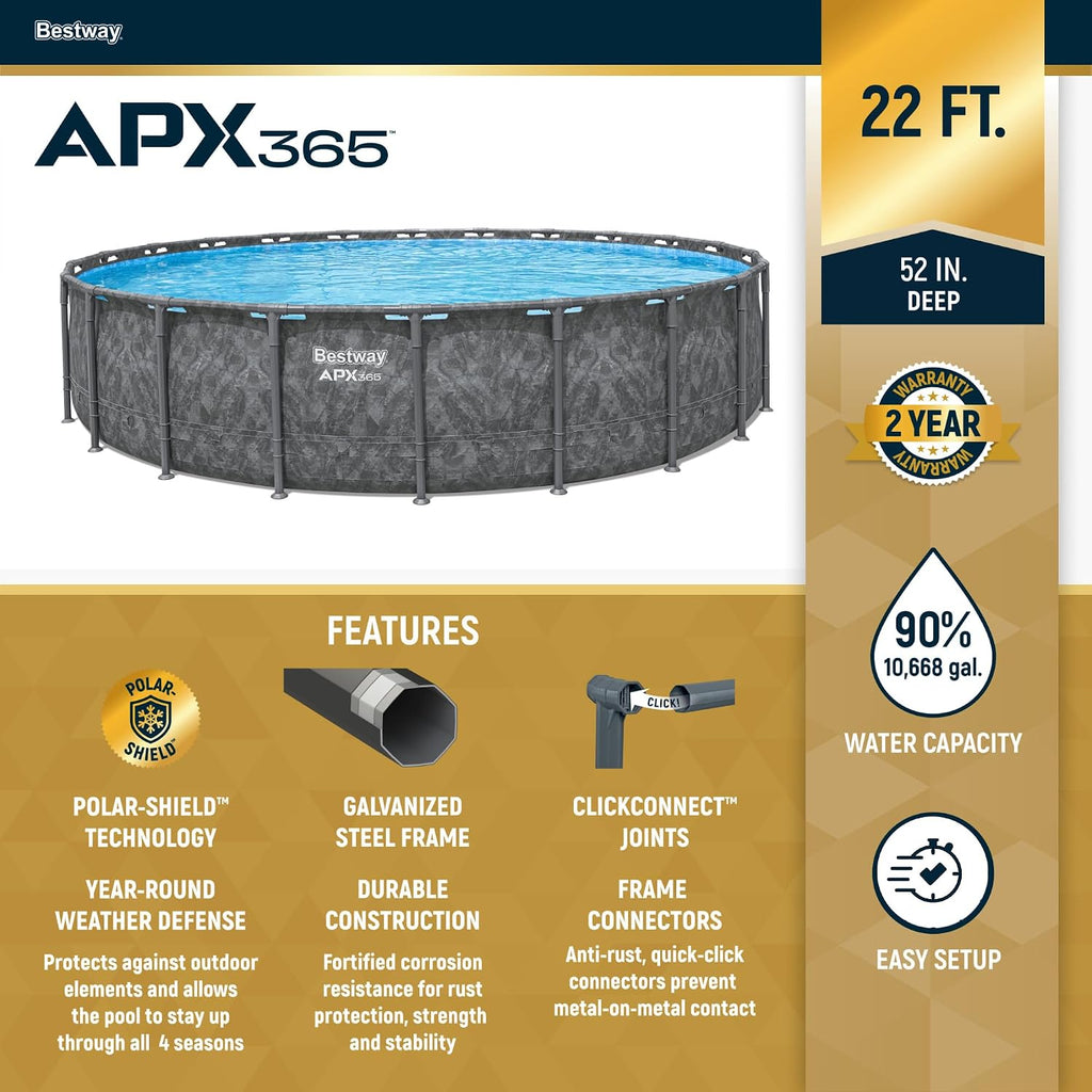 Bestway APX 365 22' x 52' Above Ground Pool, Round Metal Frame Outdoor Swimming Pool Set with Sand Filter Pump, Ladder, and Cover, Dark Marble