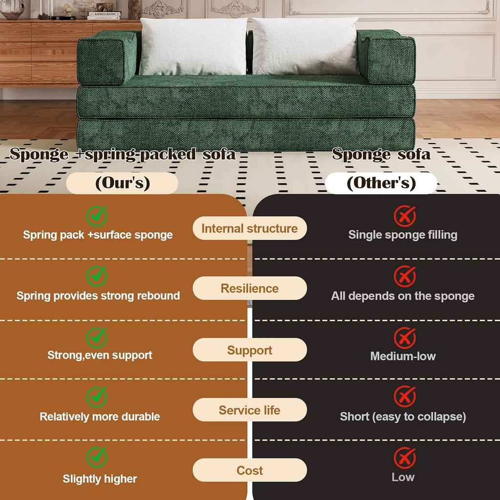 80' Convertible Folding Sofa Bed, 4-in-1 DIY Combination Fold Out Sleeper Sofa Bed King Size, Loveseat sleeper Couch w/ Removable Armrests, Chenille Floor Couch, Small couches for small spaces (Green)