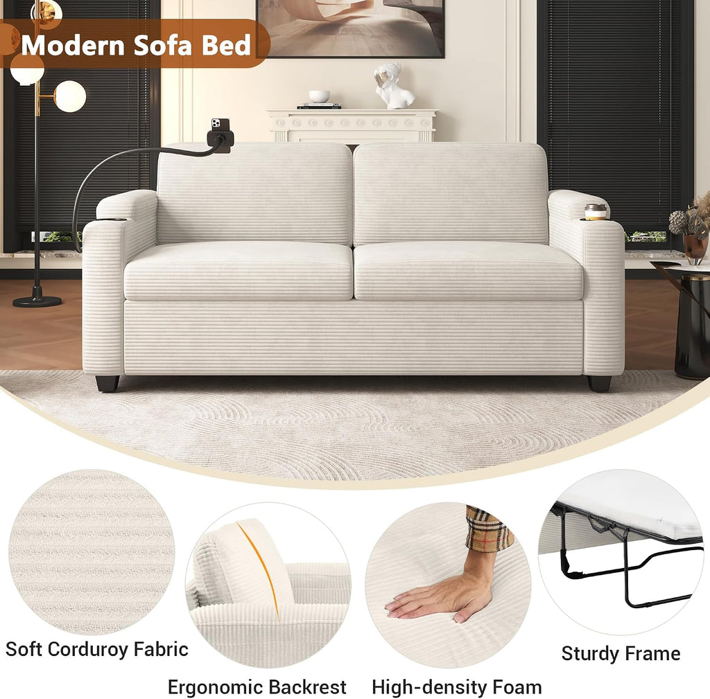 Merax Pull-Out Sleeper Sofa Bed with Full Size Mattress and Two Side Pockets, 3 in 1 Foton Couch with USB Ports | Phone & Cup Holders, Corduroy Loveseat for Living Room, Beige