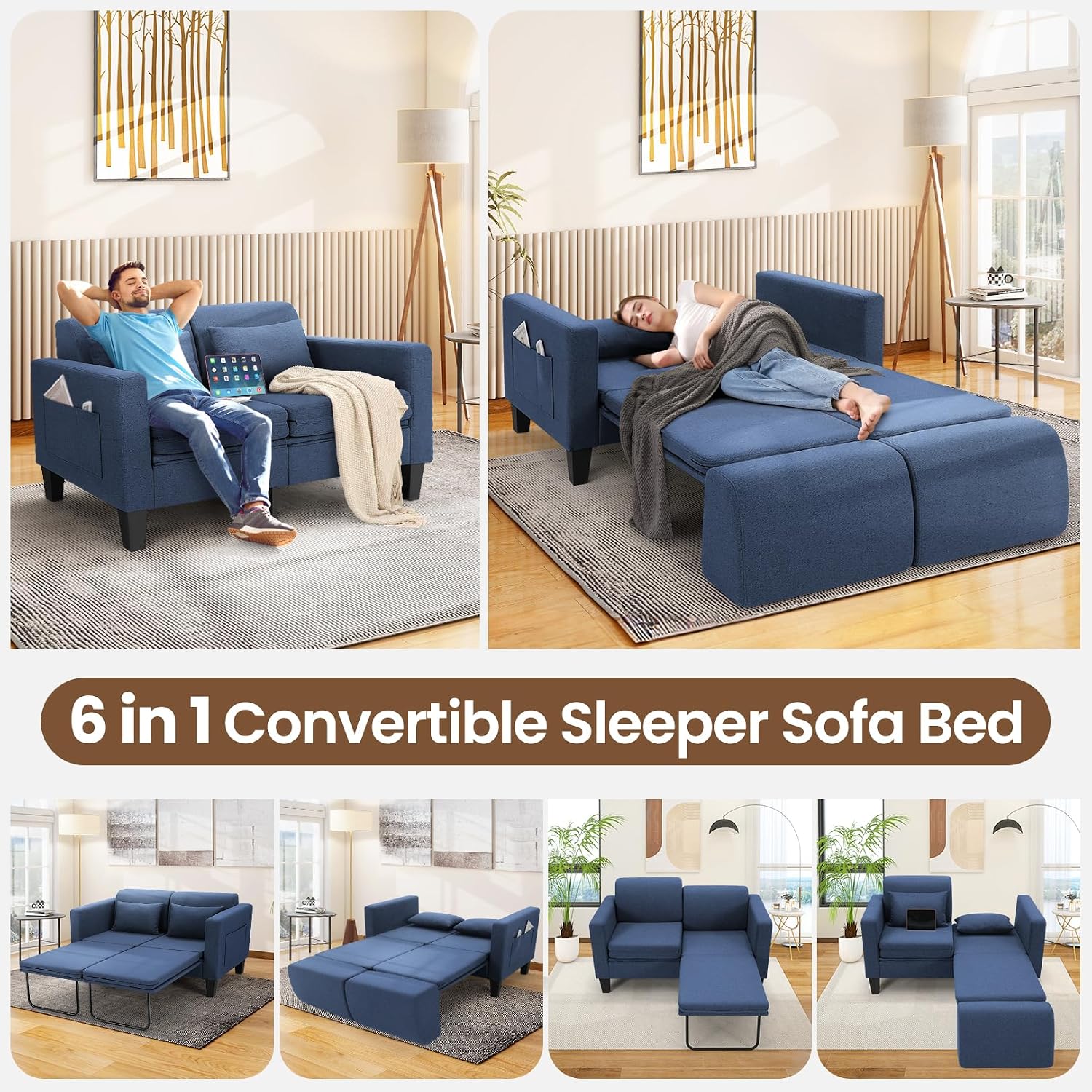 SEJOV 6-in-1 Convertible Sofa Bed, 58' Loveseat Sleeper Sofas with Pull Out Couch Bed, Removable Backrest, Storage Pockets and 2 Pillows, Modern Folding Linen Futon Couch for Small Spaces, Blue