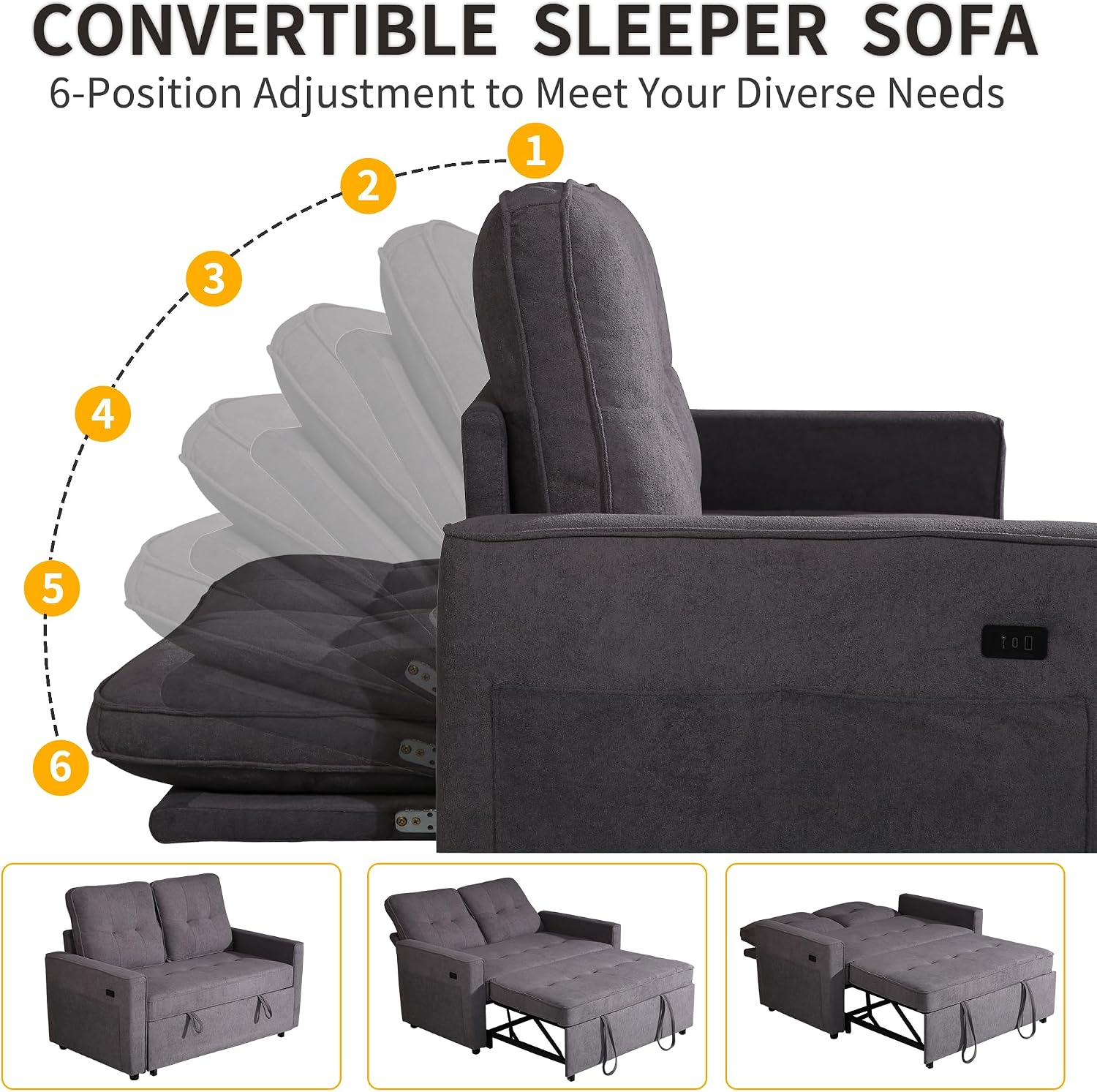 EJUNQ Pull Out Couch, Convertible Sofa Bed with USB and Reclining Backrest, Modern 3 in 1 Sleeper Sofa Couch Bed with Side Pockets, Comfortable Loveseat Sleeper for Small Spaces.((Gray)