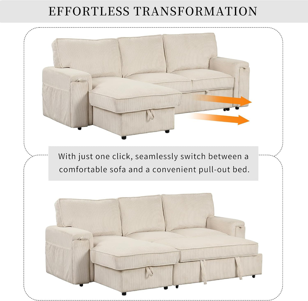 Sleeper Sofa, 96' Corduroy 2-in-1 Pull Out Sofa Bed, Convertible Sofa Bed Couch with Storage Chaise, L Shaped Sofa with Hidden Cup Holders, 3 Seater Sofa for Living Room, Apartments, Beige