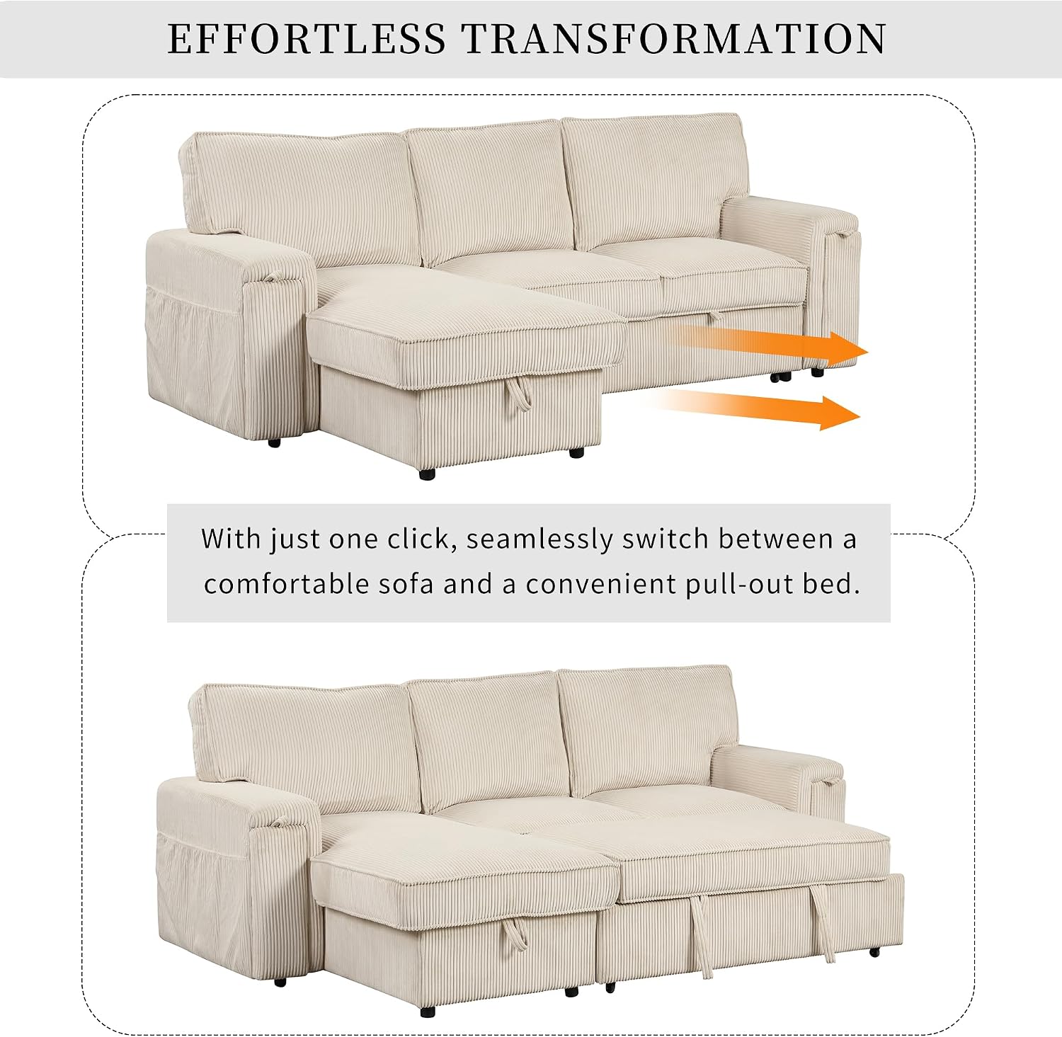 Sleeper Sofa, 96' Corduroy 2-in-1 Pull Out Sofa Bed, Convertible Sofa Bed Couch with Storage Chaise, L Shaped Sofa with Hidden Cup Holders, 3 Seater Sofa for Living Room, Apartments, Beige