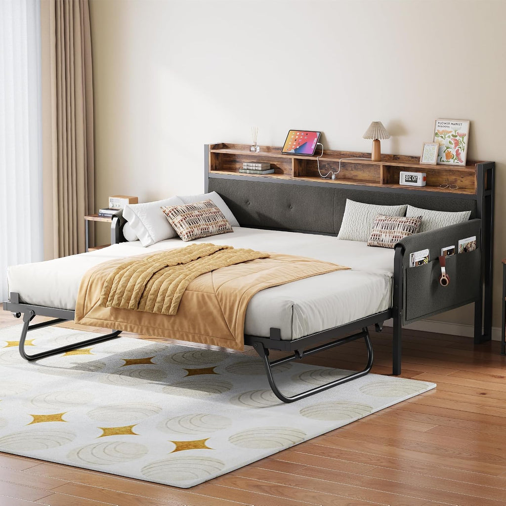 LIKIMIO Daybed with Trundle, Twin Bed Frame with Upholstered Headboard and Charging Station, Sofa Day Bed with Strong Supports for Living Room, Bedroom and Guest Room, Black