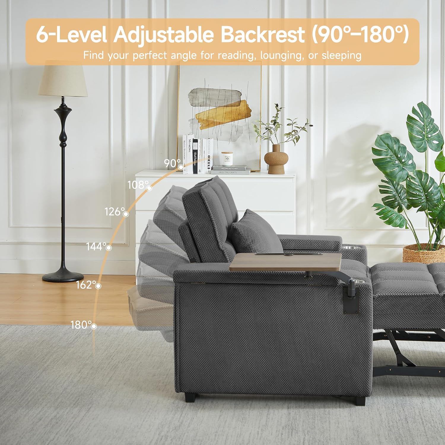 Large Size Convertible Sleeper Chair Futon Sofa Bed, Comfortable thick cushion Single Sleeper Sofa Handheld storage and Adjustable Backrest | Reading Chair with Rotating small table (dark gray)