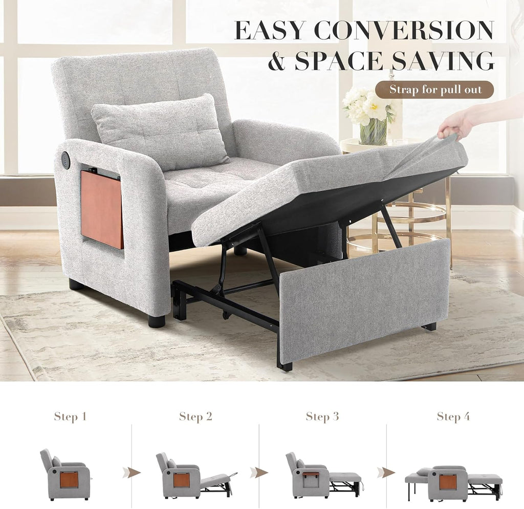 COLAMY Convertible Sleeper Chair-Fabric Futon Sofa Bed, Single Sleeper Sofa, Small Couch Bed with USB Port, Foldable Table, Pillow, Adjustable Backrest for Dorm/Bedroom/College Lightgrey