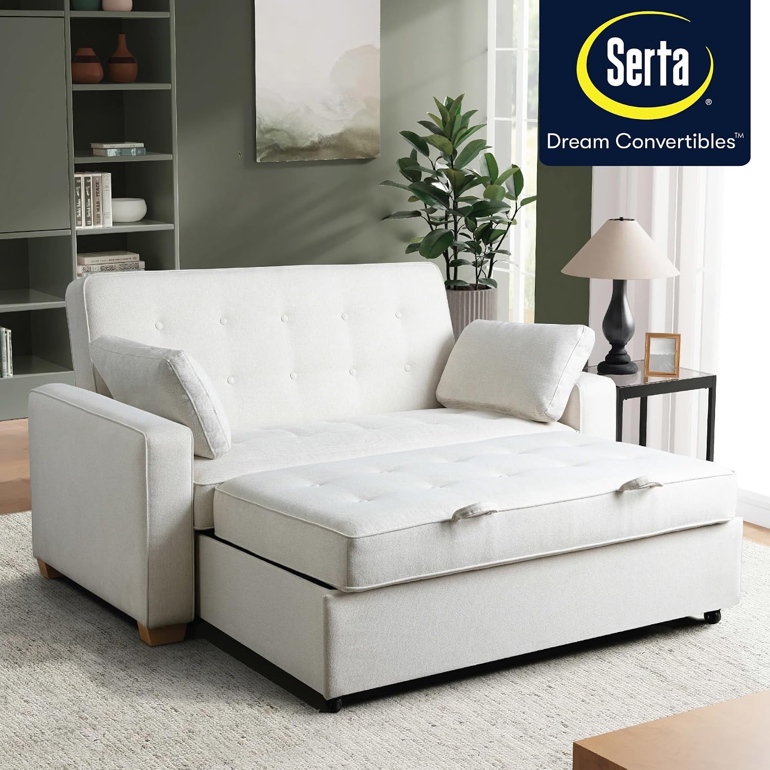 Serta Ainsley 66.5' Convertible Sleeper Loveseat, Full Size, Dreamcoil Comfort, Soft Woven Fabric, Oyster