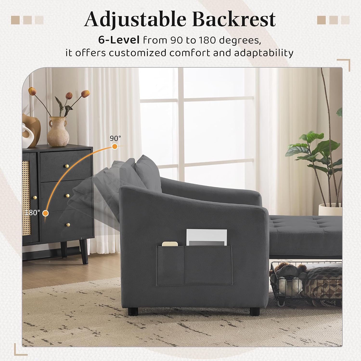 Bezseller Sleeper Sofa Chair Bed, 3-in-1 Convertible Sleeper Chair with Storage Drawer, Pull Out Couch with Side Pocket, Pillow, and Adjustable Backrest, for Living Room Bedroom Apartment, Dark Grey
