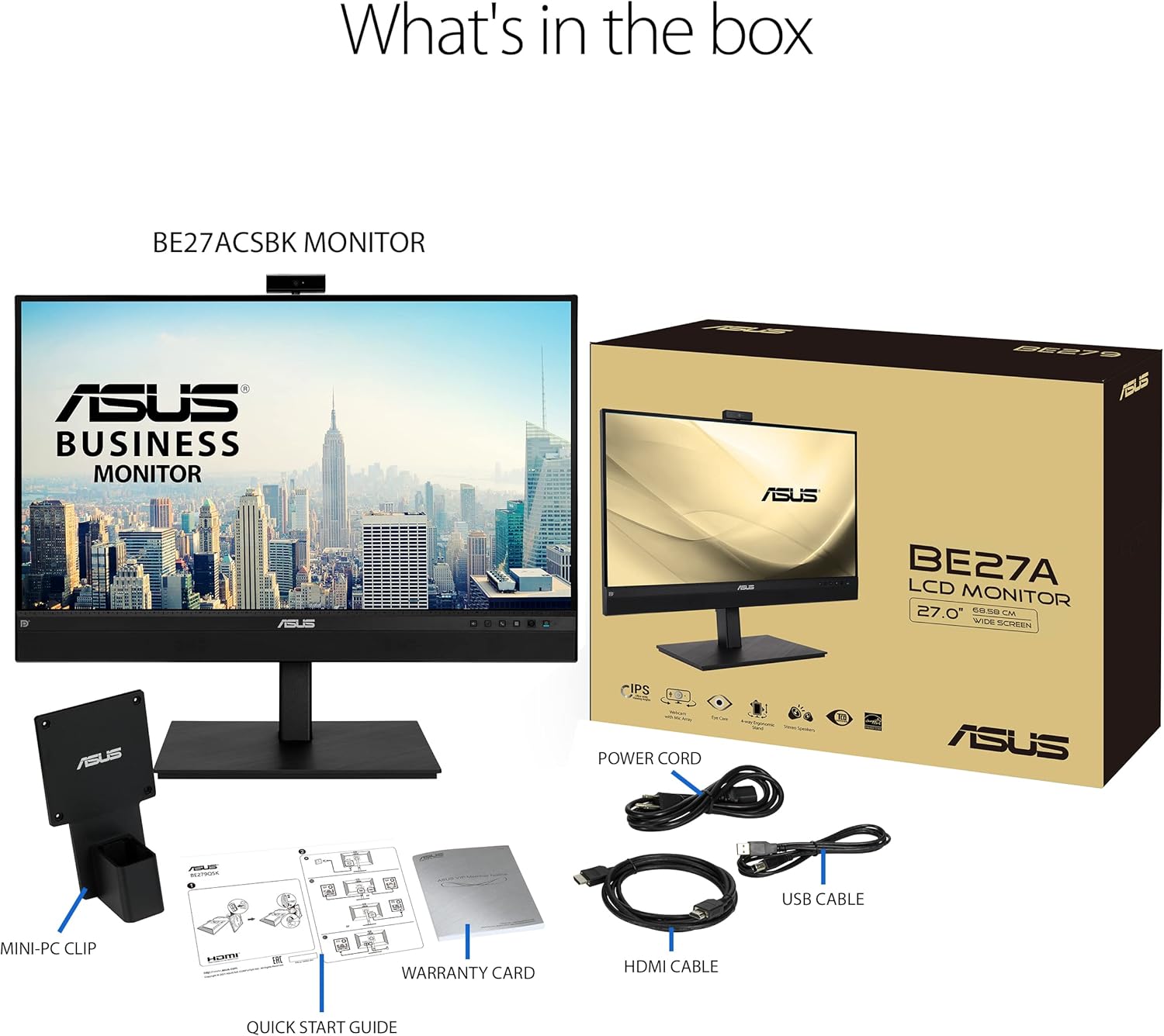ASUS 27' 1440P Video Conference Monitor (BE27ACSBK) - QHD (2560 x 1440), IPS, Built-in 2MP Webcam, Mic Array, Speakers, Eye Care, Wall Mountable, AI Noise-canceling, USB-C, HDMI, Zoom Certified,Black